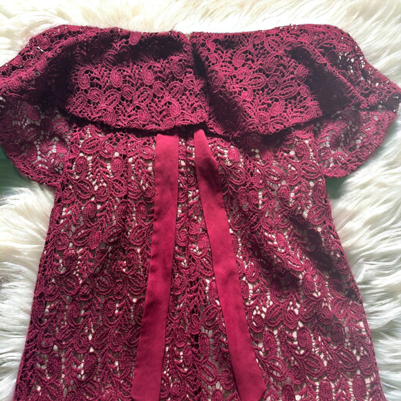 Moon River Strapless Ruffle Lace Dress in Burgundy Wine / Nude - Picture 6 of 8